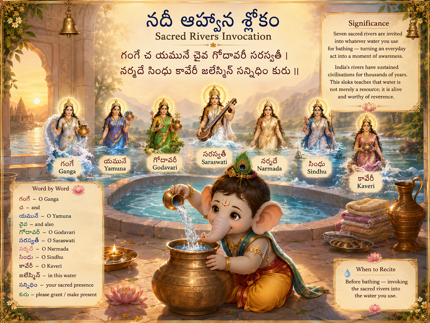 Sacred Rivers Invocation — నదీ ఆహ్వాన శ్లోకం: full sloka with word-by-word meaning and significance